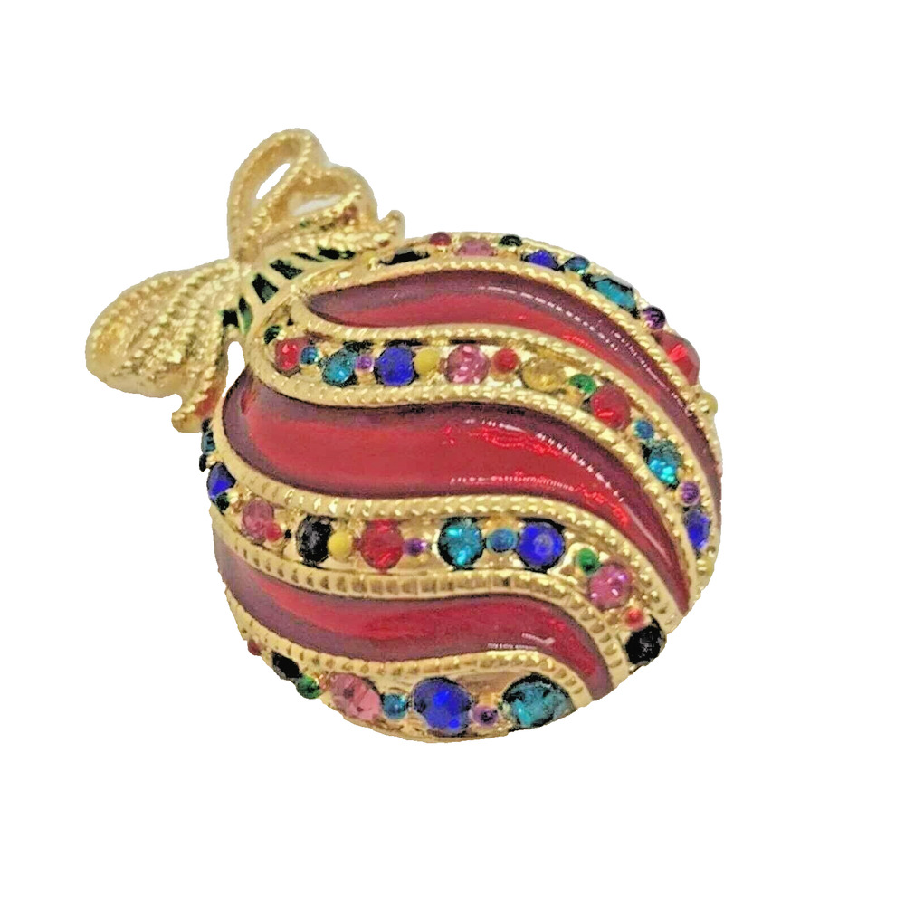 Christmas Ornament Brooch Festive Gold Holiday Pin Red Enamel Rhinestone Pendant